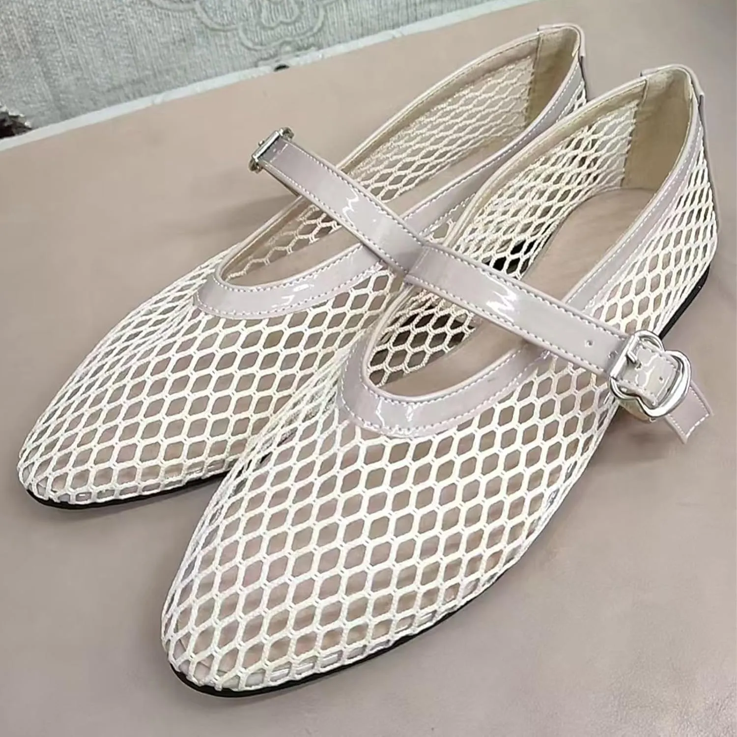 Mesh Ballet Flats for Women Buckle Strap Comfy Casual Office Fishnet Ballerina Flat Shoes Office Summer Ballerina Shoes