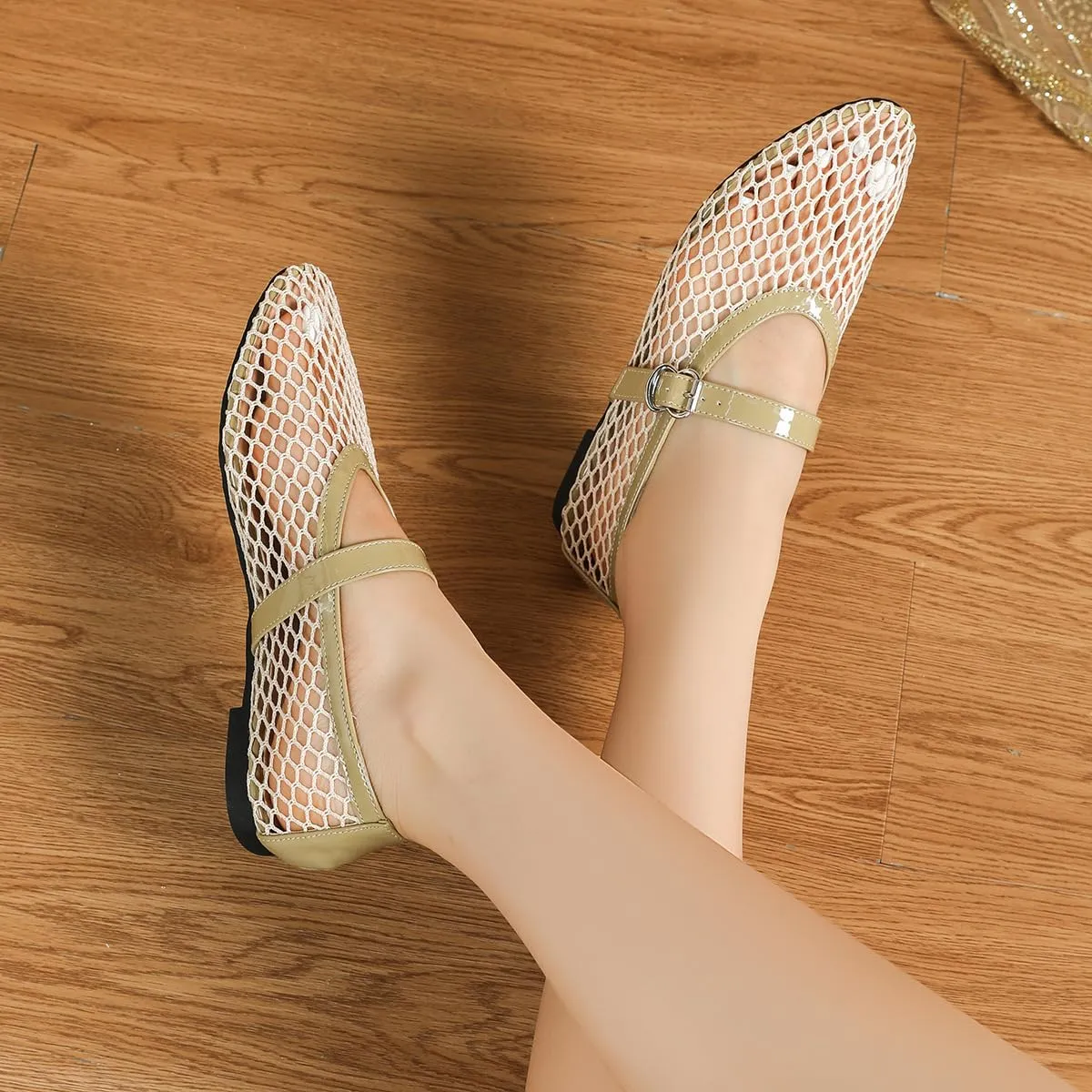 Mesh Ballet Flats for Women Buckle Strap Comfy Casual Office Fishnet Ballerina Flat Shoes Office Summer Ballerina Shoes