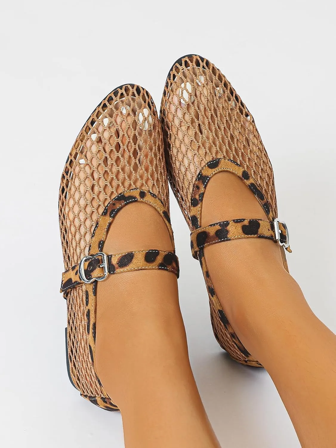 Mesh Ballet Flats for Women Buckle Strap Comfy Casual Office Fishnet Ballerina Flat Shoes Office Summer Ballerina Shoes