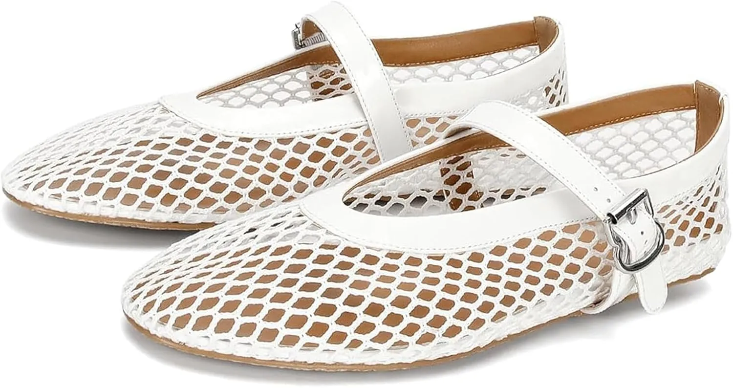 Mesh Ballet Flats for Women Buckle Strap Comfy Casual Office Fishnet Ballerina Flat Shoes Office Summer Ballerina Shoes
