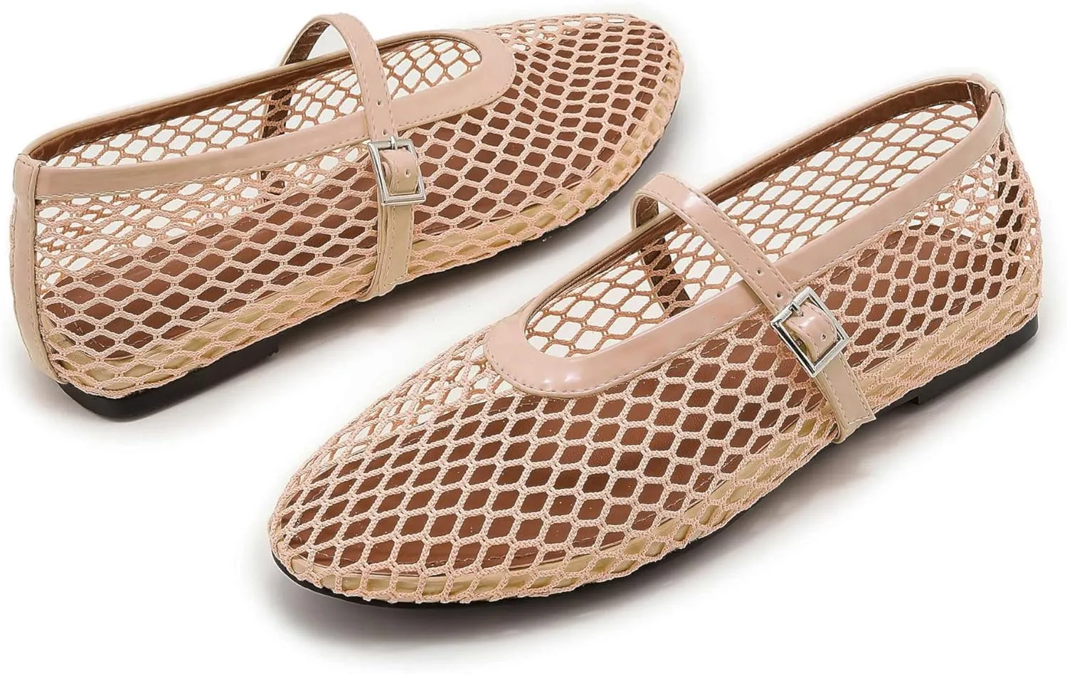 Mesh Ballet Flats for Women Buckle Strap Comfy Casual Office Mary Jane Flat Fishnet Ballerina Flat Shoes