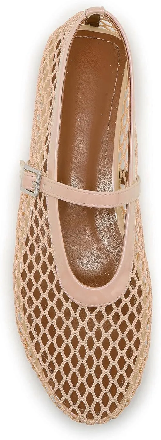Mesh Ballet Flats for Women Buckle Strap Comfy Casual Office Mary Jane Flat Fishnet Ballerina Flat Shoes