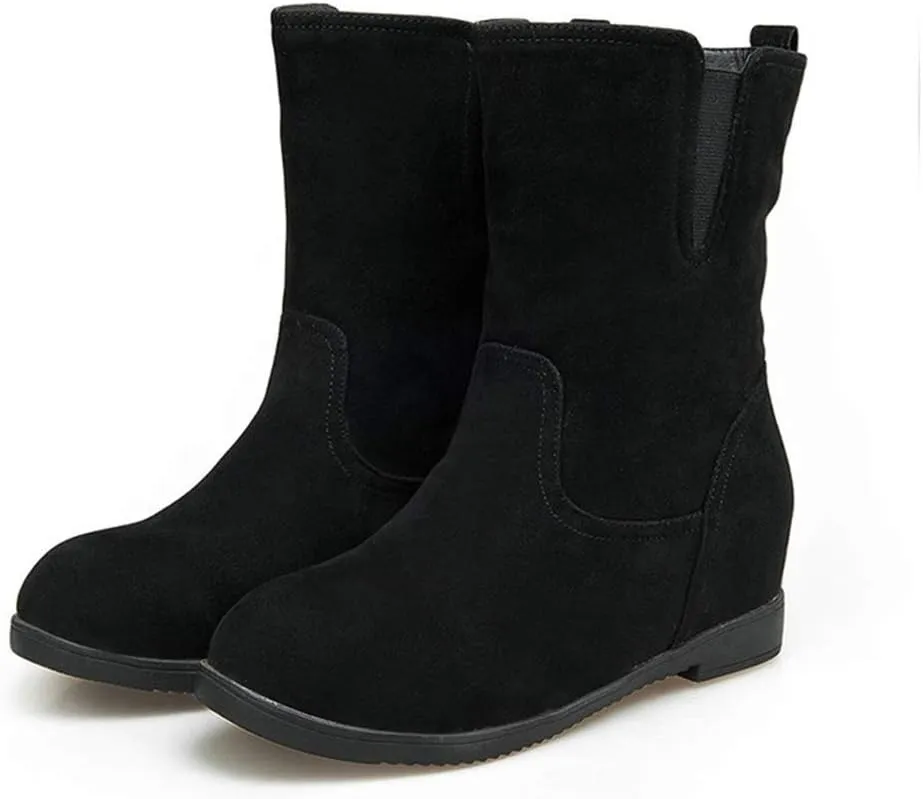 MIOKE Women's Round Toe Falt Dressy Ankle Boots Suede Elastic Hidden Low Wedge Heel Walking Short Booties