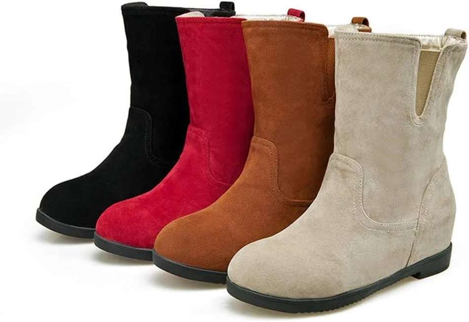 MIOKE Women's Round Toe Falt Dressy Ankle Boots Suede Elastic Hidden Low Wedge Heel Walking Short Booties