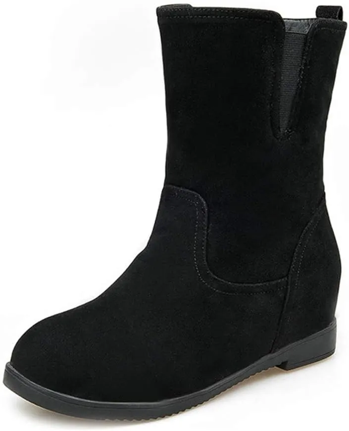 MIOKE Women's Round Toe Falt Dressy Ankle Boots Suede Elastic Hidden Low Wedge Heel Walking Short Booties