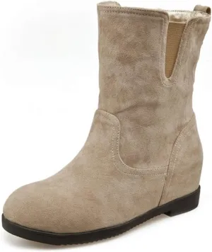MIOKE Women's Round Toe Falt Dressy Ankle Boots Suede Elastic Hidden Low Wedge Heel Walking Short Booties