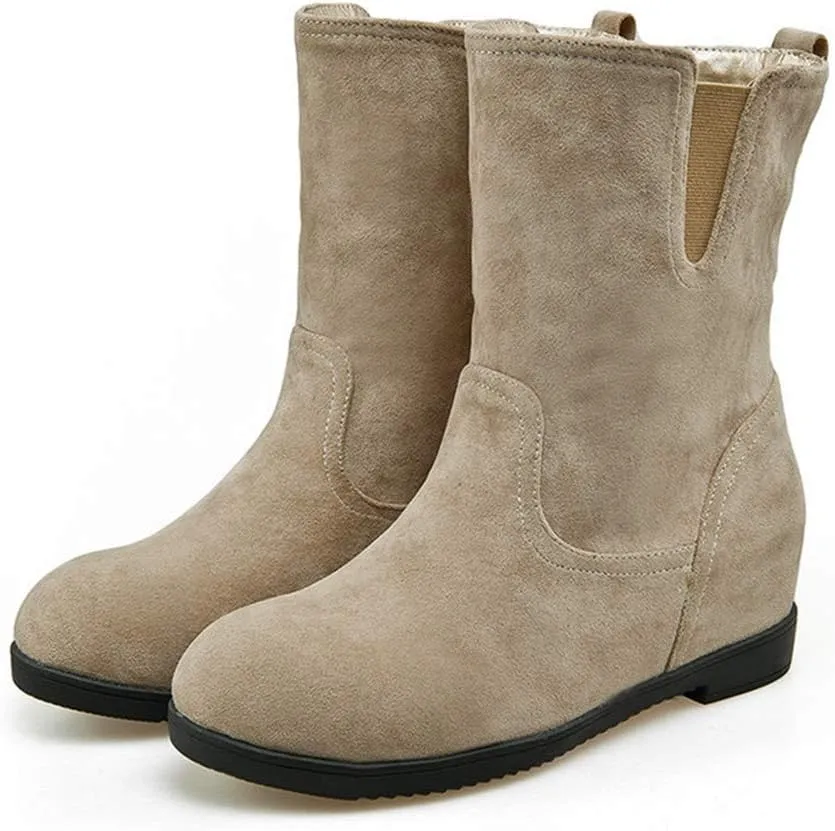 MIOKE Women's Round Toe Falt Dressy Ankle Boots Suede Elastic Hidden Low Wedge Heel Walking Short Booties
