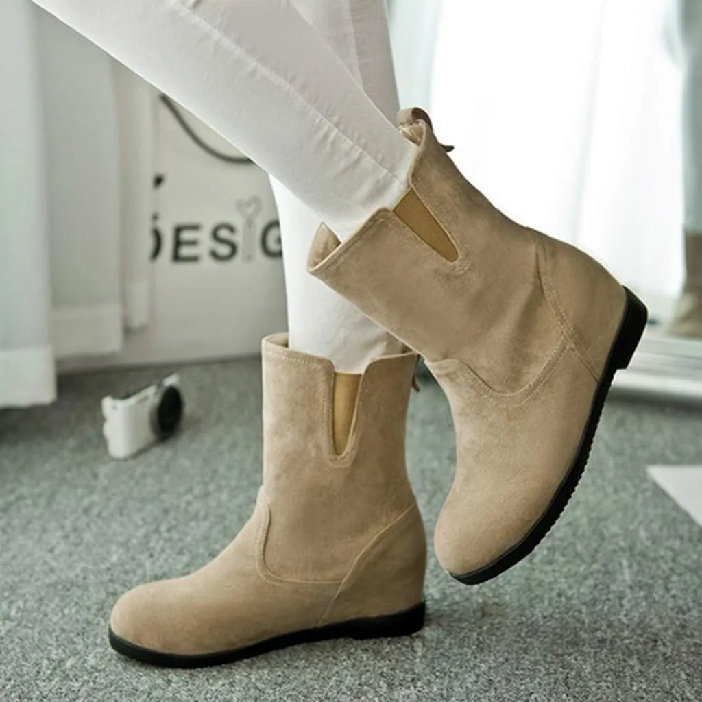 MIOKE Women's Round Toe Falt Dressy Ankle Boots Suede Elastic Hidden Low Wedge Heel Walking Short Booties