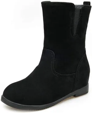MIOKE Women's Round Toe Falt Dressy Ankle Boots Suede Elastic Hidden Low Wedge Heel Walking Short Booties