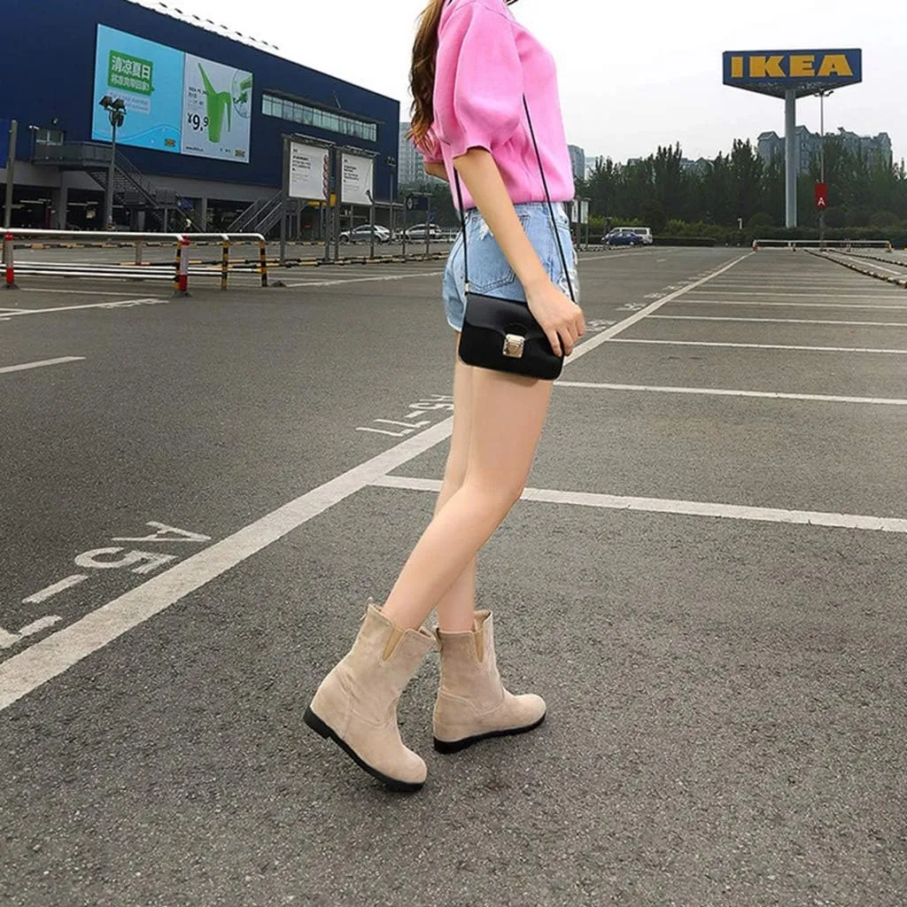 MIOKE Women's Round Toe Falt Dressy Ankle Boots Suede Elastic Hidden Low Wedge Heel Walking Short Booties