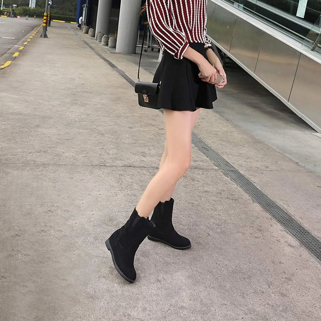 MIOKE Women's Round Toe Falt Dressy Ankle Boots Suede Elastic Hidden Low Wedge Heel Walking Short Booties