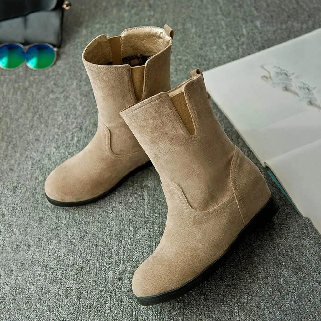 MIOKE Women's Round Toe Falt Dressy Ankle Boots Suede Elastic Hidden Low Wedge Heel Walking Short Booties