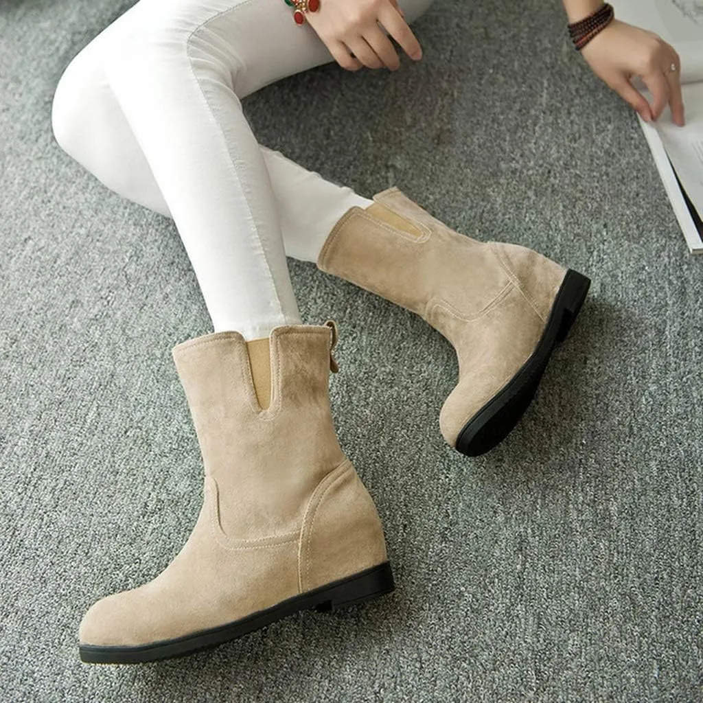 MIOKE Women's Round Toe Falt Dressy Ankle Boots Suede Elastic Hidden Low Wedge Heel Walking Short Booties
