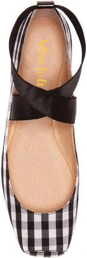 miss left Women's Stretchy Crisscross Strap Ballerina Flats Closed Square Toe Slip On Comfy Dance Party Shoe Size 4-16 US