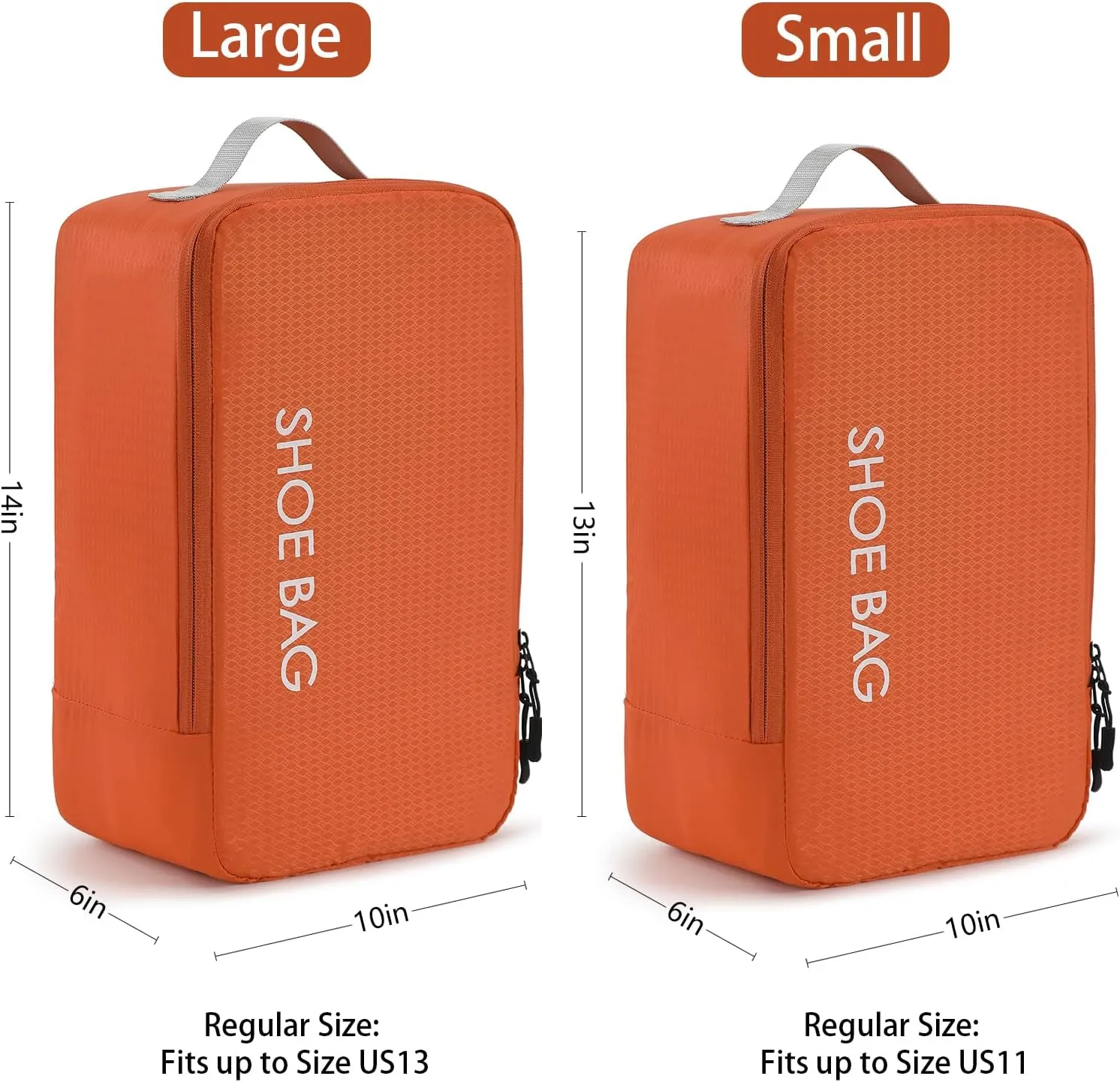 MissBoy Travel Shoe Bags, Set of 2 (Large Small) Water Resistant Shoe Bag with Zipper & Handle, Foldable Shoe Storage Organizer for Men and Women - Orange