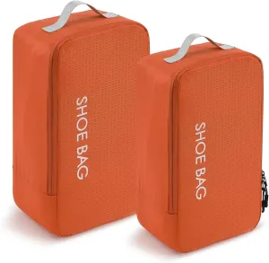 MissBoy Travel Shoe Bags, Set of 2 (Large Small) Water Resistant Shoe Bag with Zipper & Handle, Foldable Shoe Storage Organizer for Men and Women - Orange