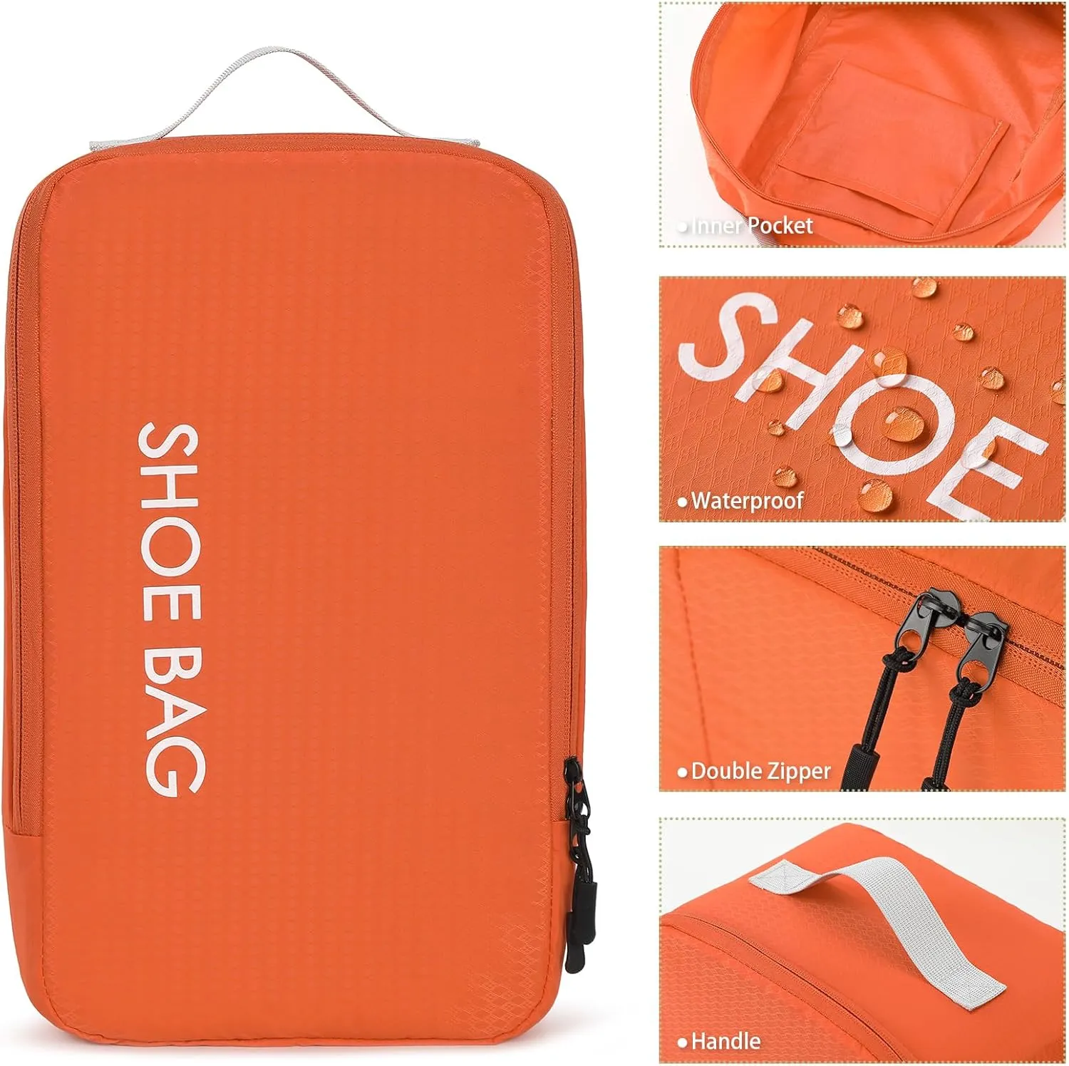 MissBoy Travel Shoe Bags, Set of 2 (Large Small) Water Resistant Shoe Bag with Zipper & Handle, Foldable Shoe Storage Organizer for Men and Women - Orange