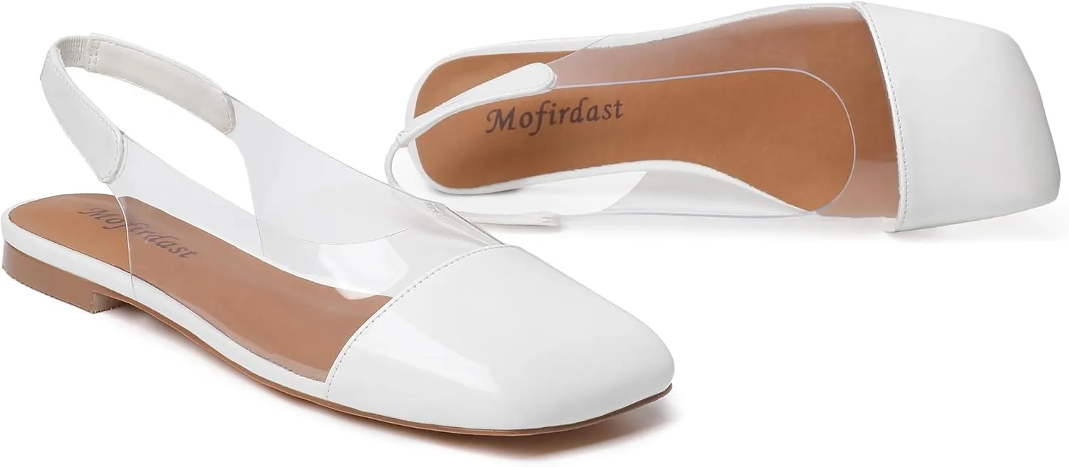 Mofirdast Clear Flats Sandals for Women Square Toe Slingback Flats with Transparent Ankle Strap for Work Weddings Parties