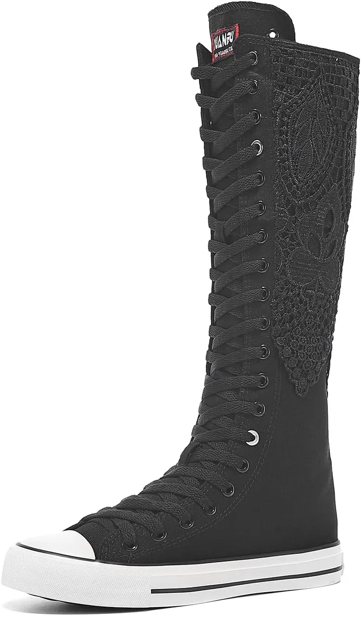 Momuk Women's Knee High Lace Up Zip Fashion Dancing Canvas Boots