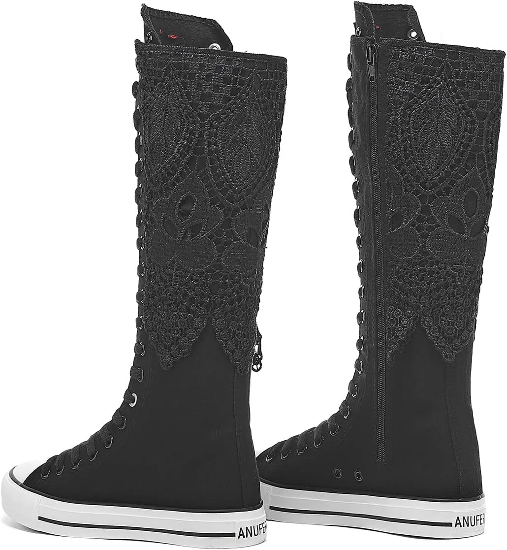 Momuk Women's Knee High Lace Up Zip Fashion Dancing Canvas Boots