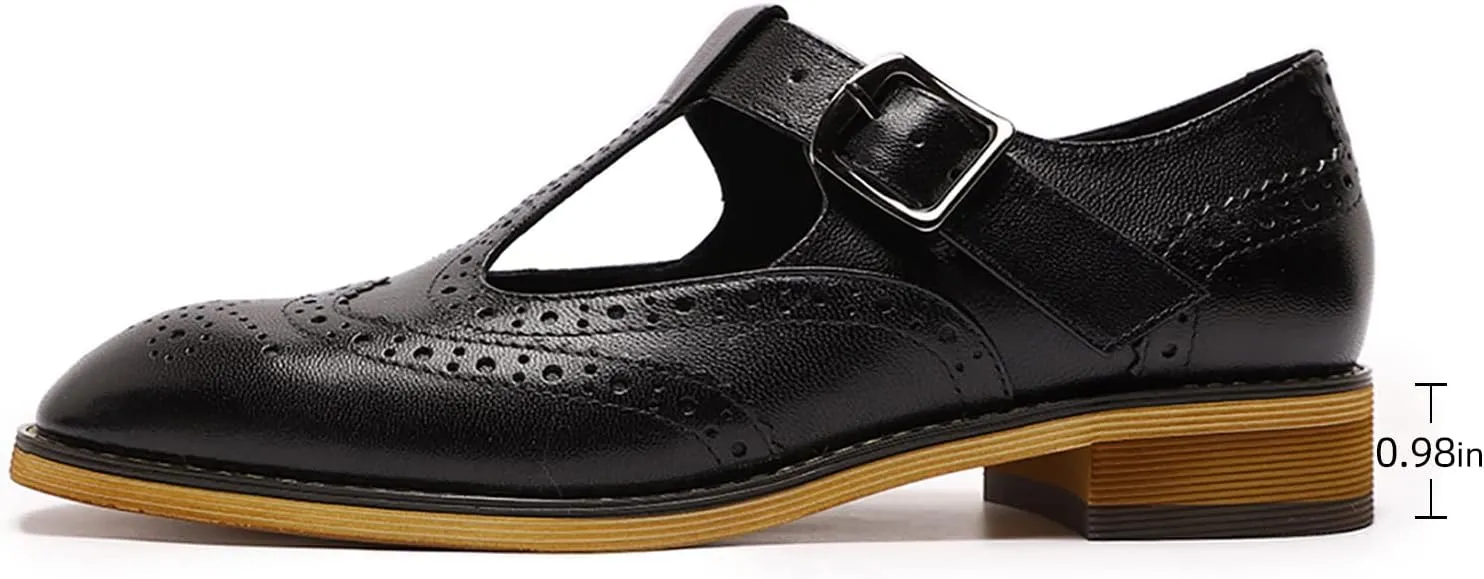 Mona flying Women's Classic Wingtip Oxfords Mary Jane T Strap Flat Leather Shoes for Ladies