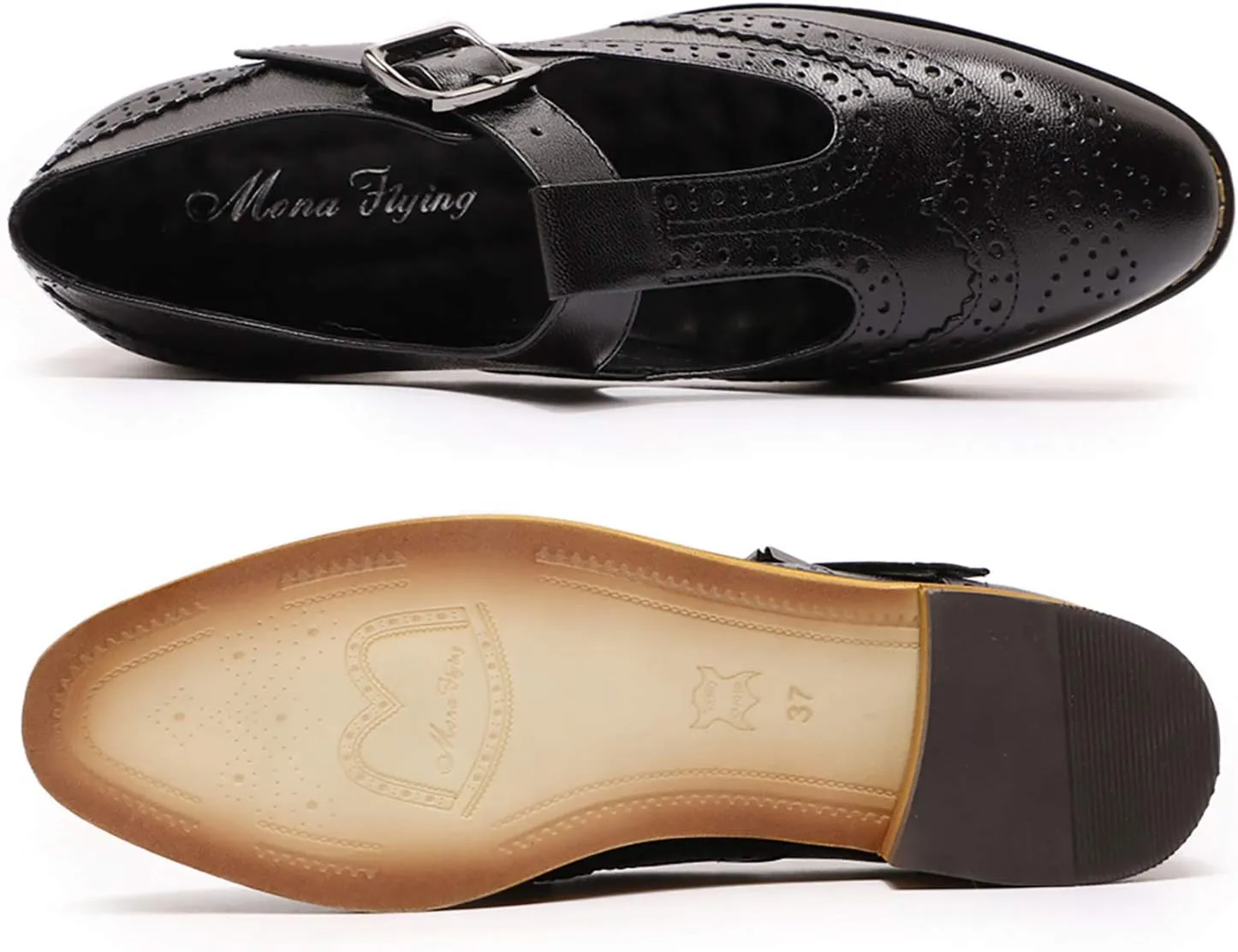Mona flying Women's Classic Wingtip Oxfords Mary Jane T Strap Flat Leather Shoes for Ladies