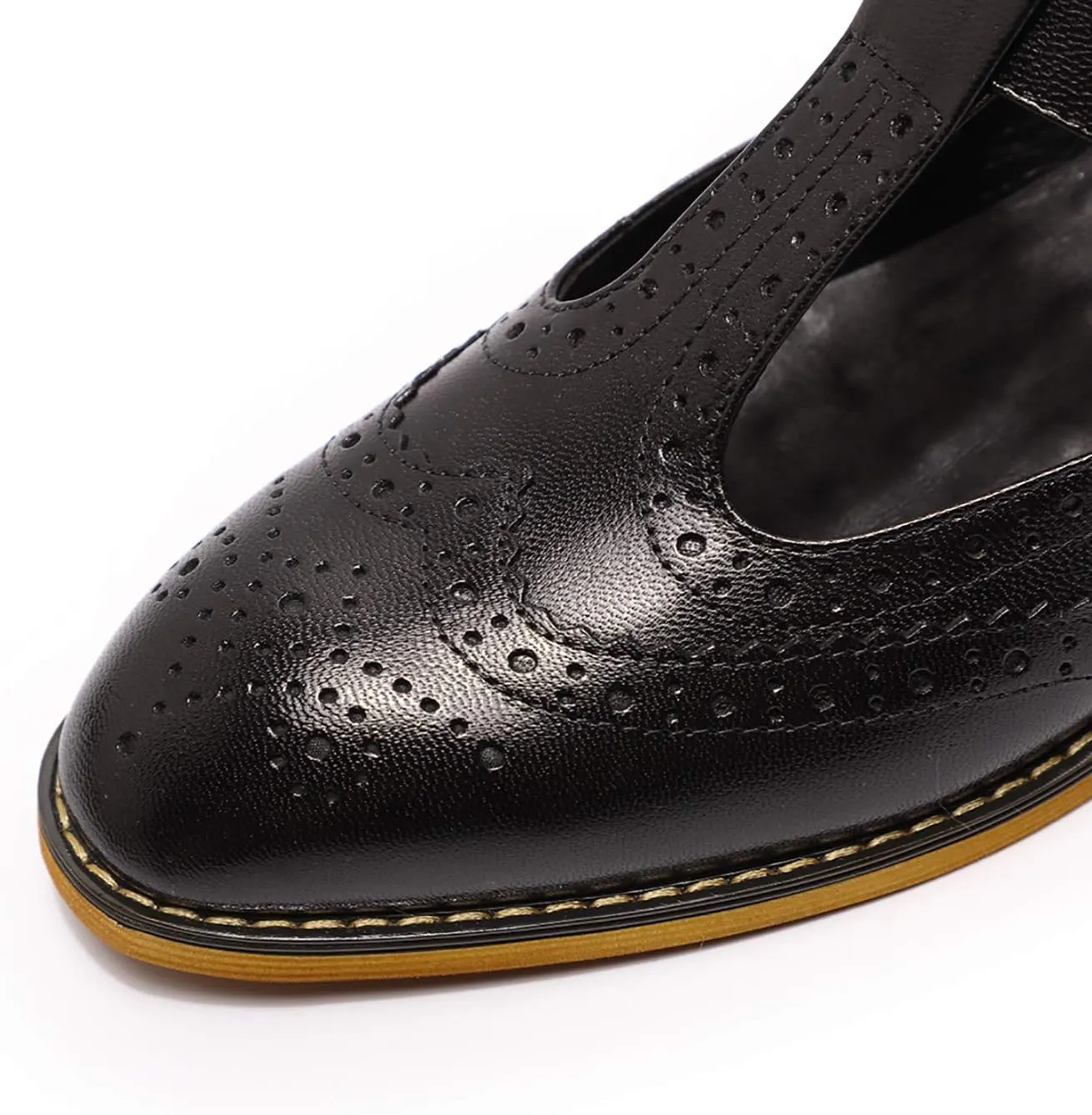 Mona flying Women's Classic Wingtip Oxfords Mary Jane T Strap Flat Leather Shoes for Ladies