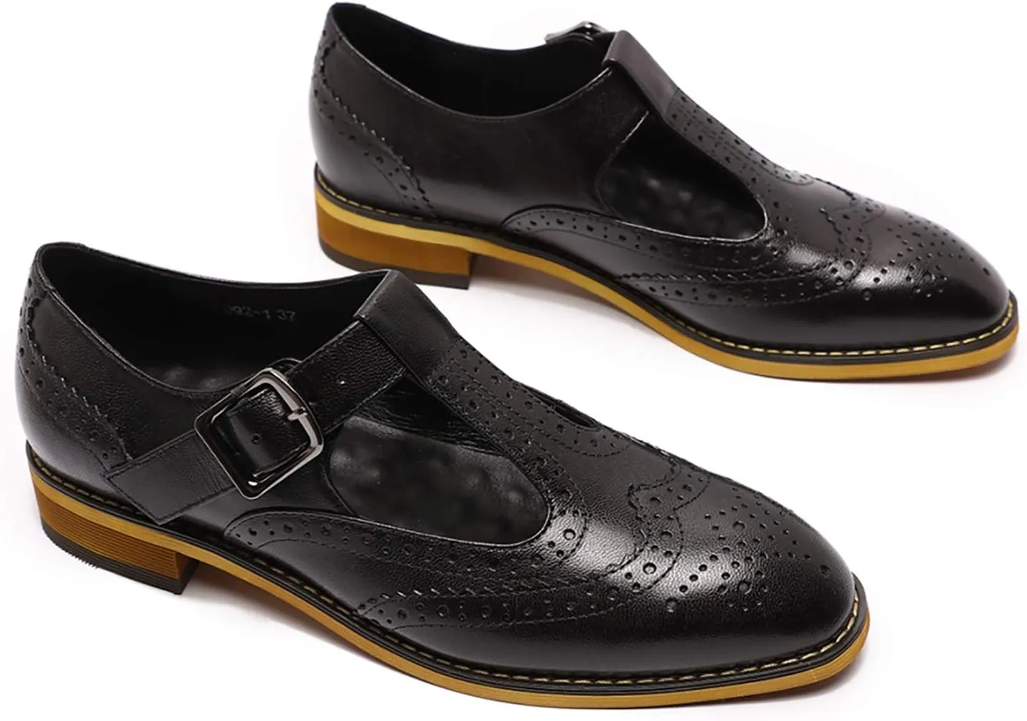 Mona flying Women's Classic Wingtip Oxfords Mary Jane T Strap Flat Leather Shoes for Ladies
