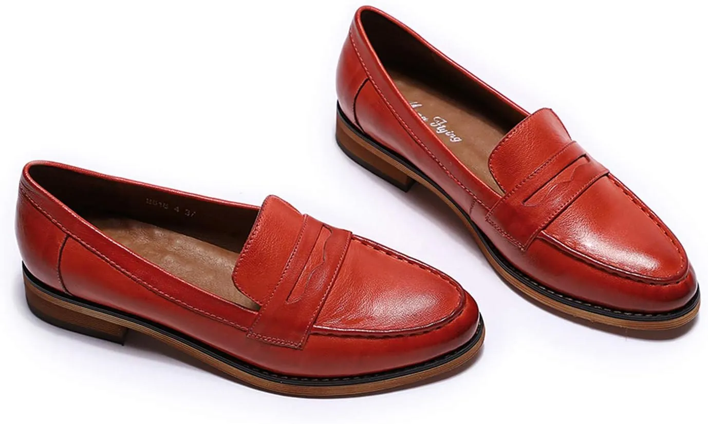 Mona flying Women's Classy Leather Penny Loafer Dress Casual Slip on Flat Office Work Shoes for Ladies