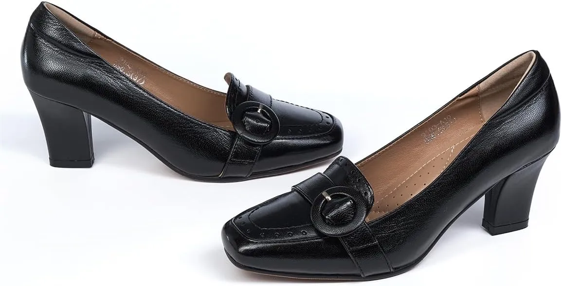 Mona flying Women's Leather 7 cm Chunky Heel Loafers Pumps Square Toe High Heel Office Work Dress Shoes for Ladies