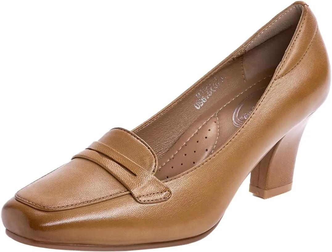 Mona flying Women's Leather 7 cm Chunky Heel Loafers Pumps Square Toe High Heel Office Work Dress Shoes for Ladies