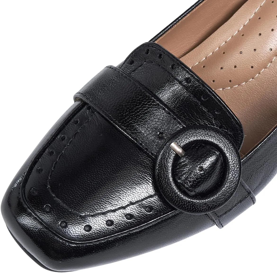 Mona flying Women's Leather 7 cm Chunky Heel Loafers Pumps Square Toe High Heel Office Work Dress Shoes for Ladies