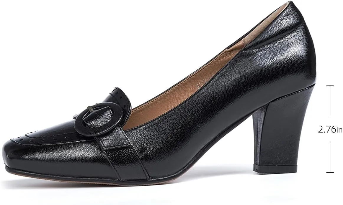 Mona flying Women's Leather 7 cm Chunky Heel Loafers Pumps Square Toe High Heel Office Work Dress Shoes for Ladies