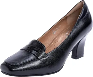 Mona flying Women's Leather 7 cm Chunky Heel Loafers Pumps Square Toe High Heel Office Work Dress Shoes for Ladies