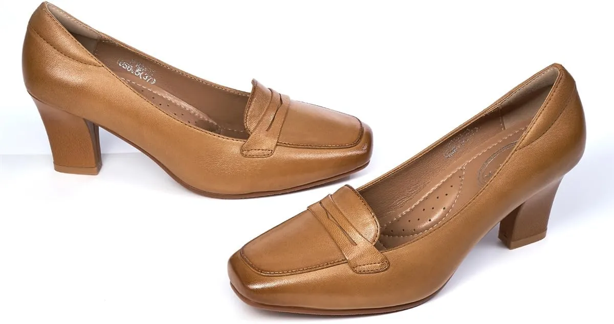 Mona flying Women's Leather 7 cm Chunky Heel Loafers Pumps Square Toe High Heel Office Work Dress Shoes for Ladies