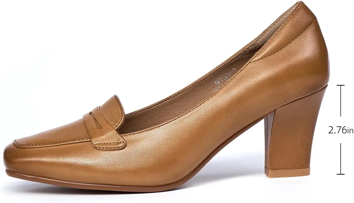 Mona flying Women's Leather 7 cm Chunky Heel Loafers Pumps Square Toe High Heel Office Work Dress Shoes for Ladies