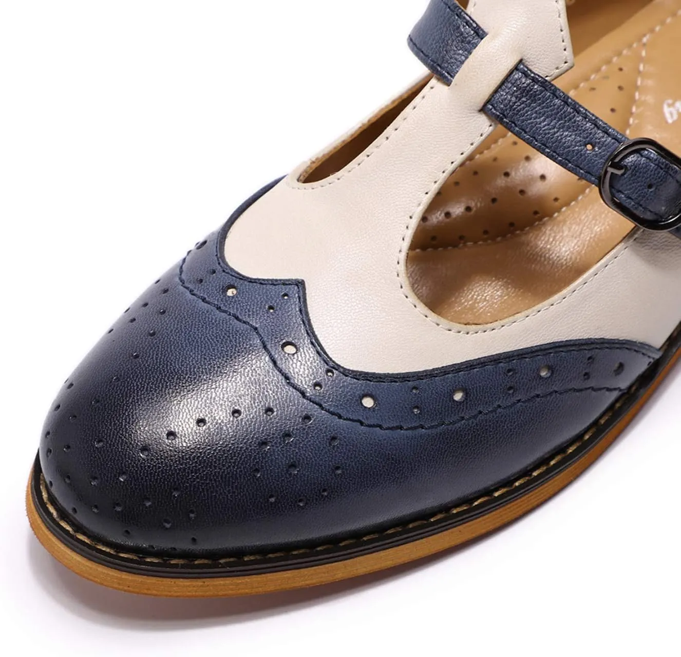 Mona flying Women's Leather Wingtip Oxford Mary Jane Loafer Casual Flat T Strap Shoes for Ladies