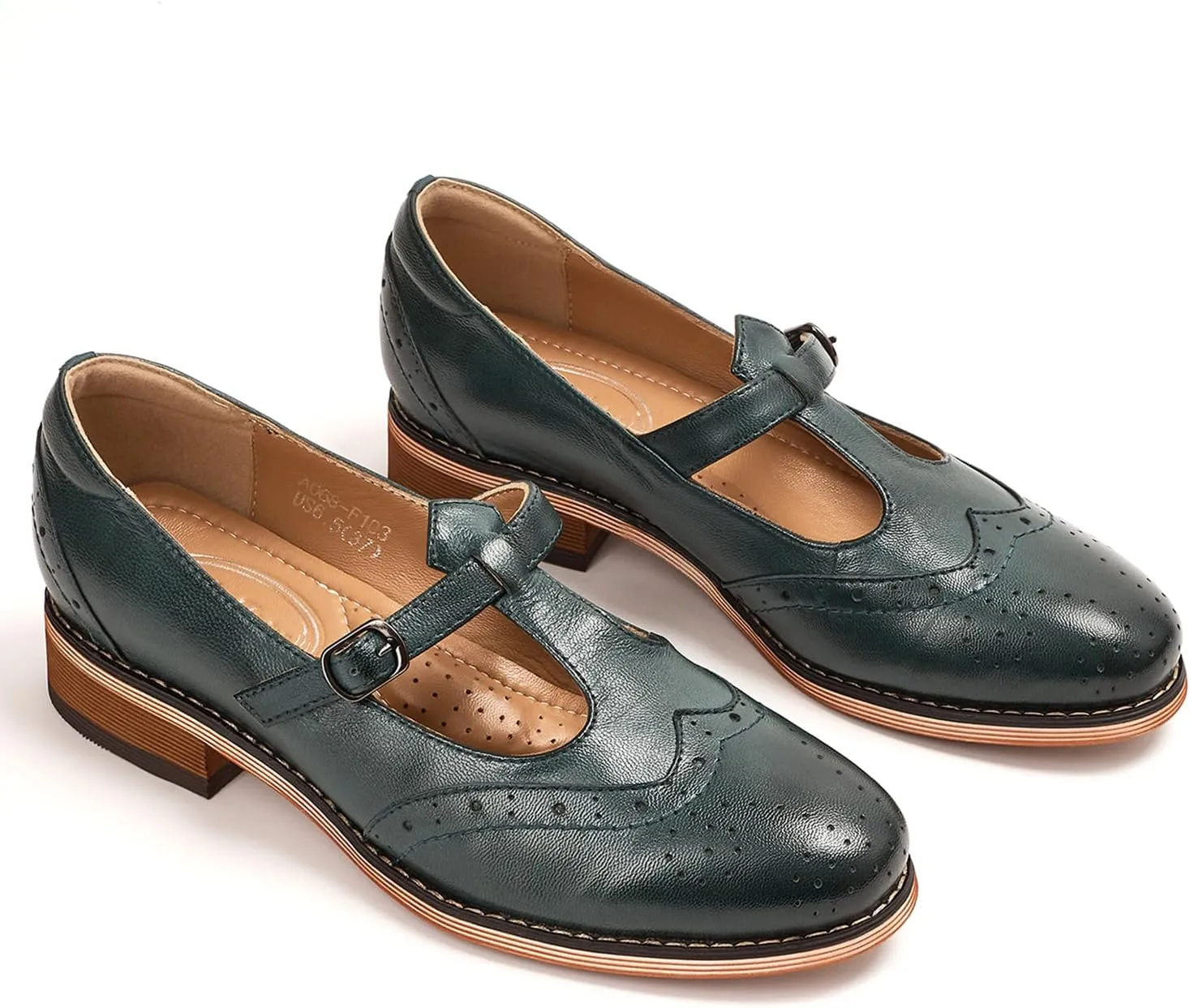 Mona flying Women's Leather Wingtip Oxford Mary Jane Loafer Casual Flat T Strap Shoes for Ladies