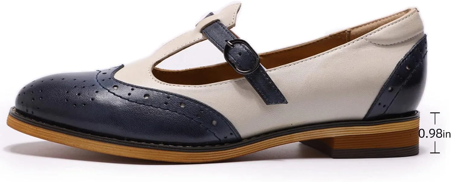 Mona flying Women's Leather Wingtip Oxford Mary Jane Loafer Casual Flat T Strap Shoes for Ladies