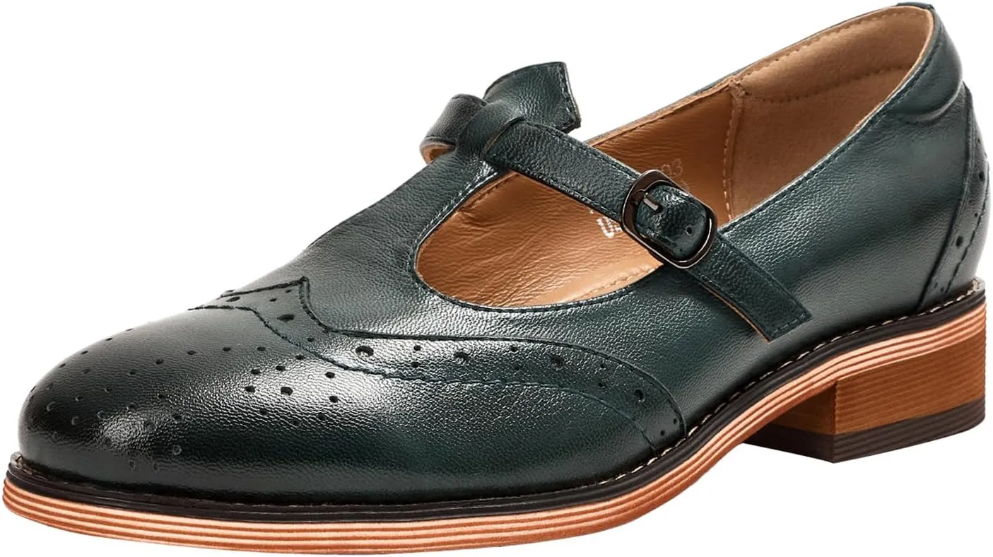 Mona flying Women's Leather Wingtip Oxford Mary Jane Loafer Casual Flat T Strap Shoes for Ladies