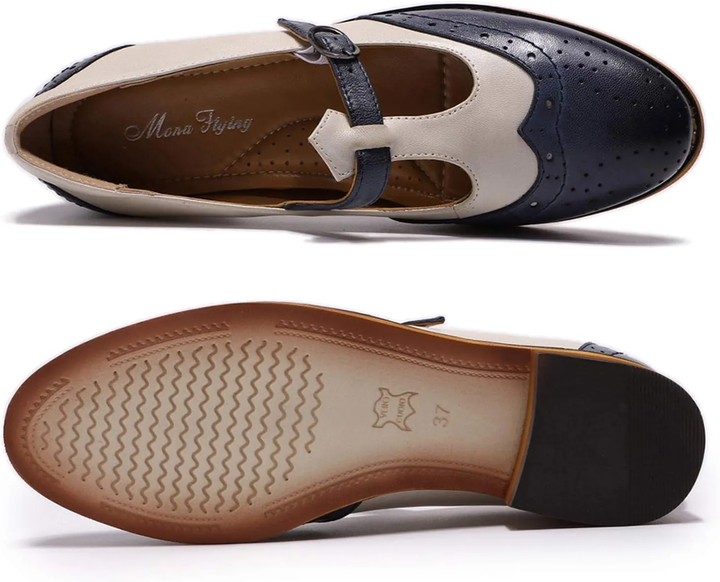 Mona flying Women's Leather Wingtip Oxford Mary Jane Loafer Casual Flat T Strap Shoes for Ladies