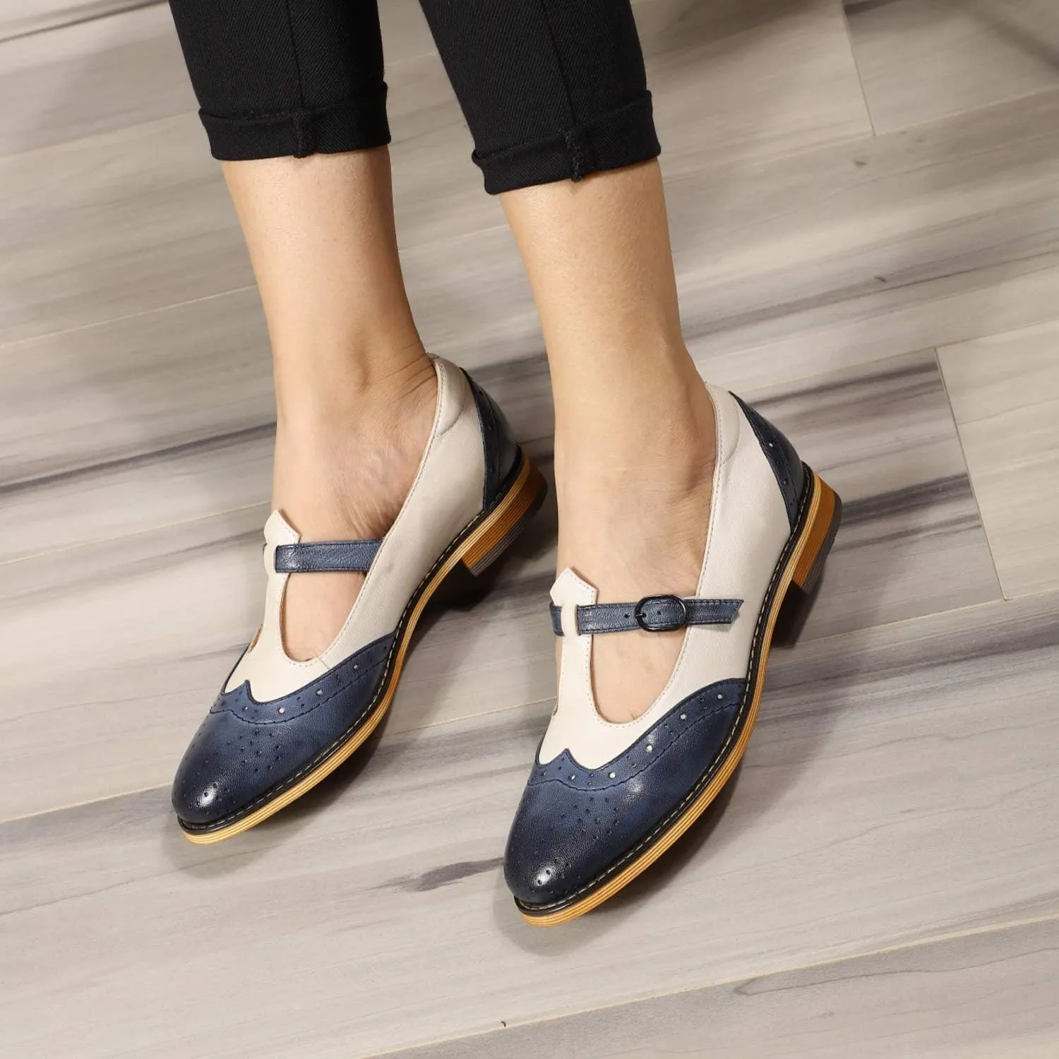 Mona flying Women's Leather Wingtip Oxford Mary Jane Loafer Casual Flat T Strap Shoes for Ladies