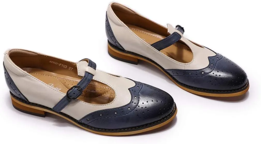Mona flying Women's Leather Wingtip Oxford Mary Jane Loafer Casual Flat T Strap Shoes for Ladies