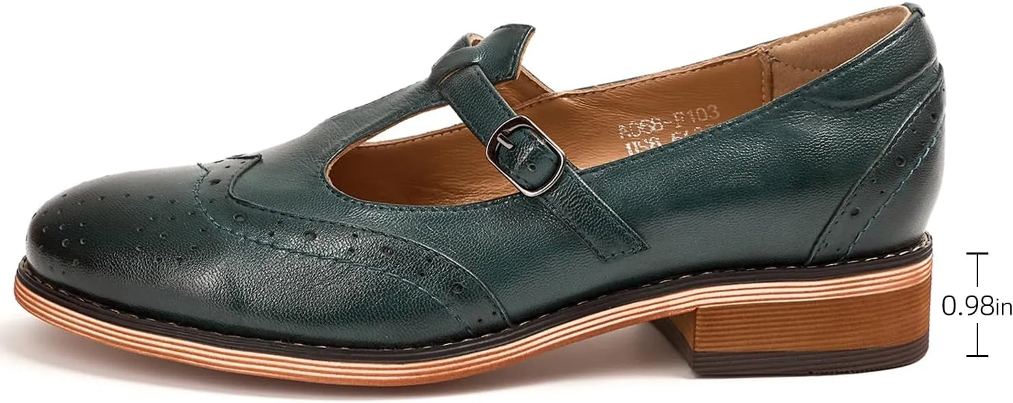 Mona flying Women's Leather Wingtip Oxford Mary Jane Loafer Casual Flat T Strap Shoes for Ladies
