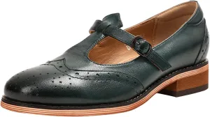 Mona flying Women's Leather Wingtip Oxford Mary Jane Loafer Casual Flat T Strap Shoes for Ladies