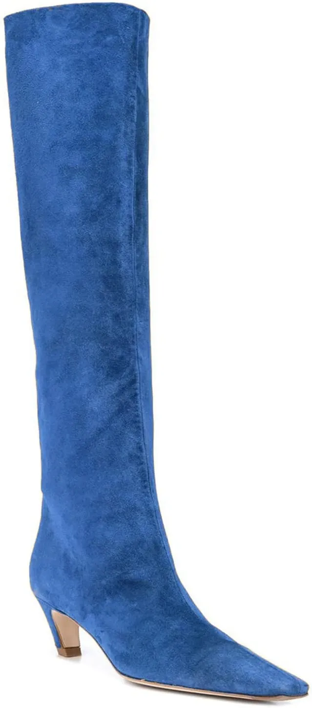 MOOMMO Women Kitten Heel Over Knee High Boots Square Toe Matte Pull On Wide Calf Pleated Low Heel Thigh Boots Stylish Retro Dress Boots Chic Party Comfy 4-11 M US