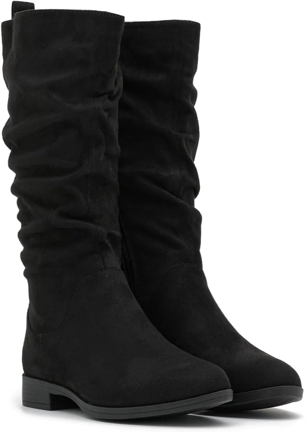 MOOMMO Women Mid Calf Slouch Boots Suede Calf High Boots Flats Flat Heel Long Boots Wide Calf Side Zipper Winter Boots Round Toe Flat Boots Retro Cute Casual Comfy Winter 4-13 M US