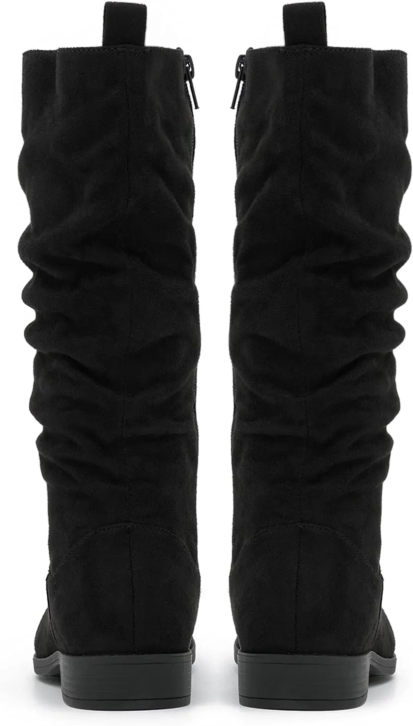 MOOMMO Women Mid Calf Slouch Boots Suede Calf High Boots Flats Flat Heel Long Boots Wide Calf Side Zipper Winter Boots Round Toe Flat Boots Retro Cute Casual Comfy Winter 4-13 M US