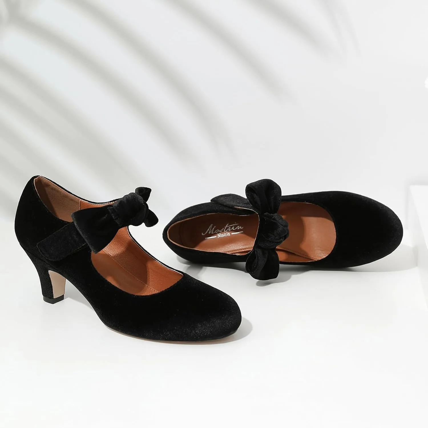 Mostrin Kitten Heels for Women Bow Mary Jane Pumps Closed Round Toe Low Heels Ankle Strap Dress Shoes for Wedding Evening Church