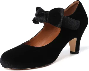 Mostrin Kitten Heels for Women Bow Mary Jane Pumps Closed Round Toe Low Heels Ankle Strap Dress Shoes for Wedding Evening Church